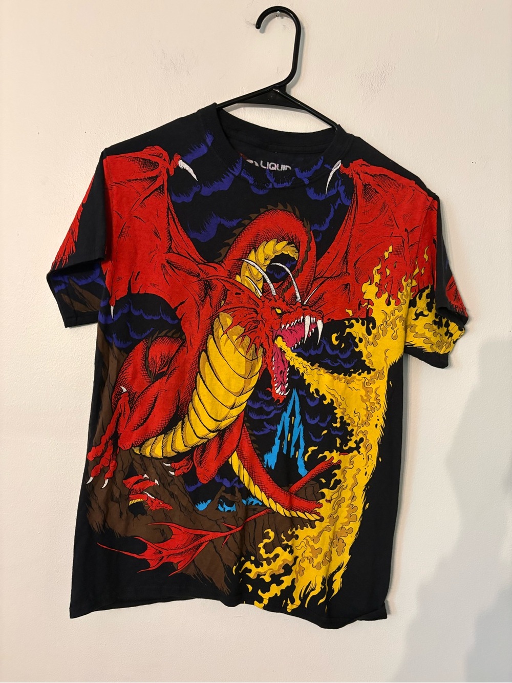 Liquid Blue Black Tee with Red Dragon and Yellow Flame Graphic